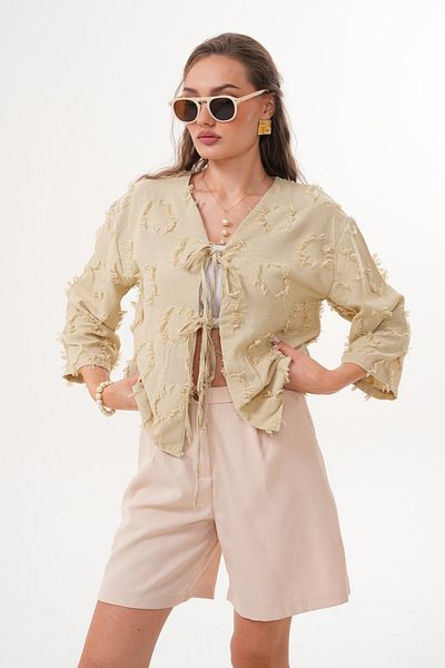 Laressi Jacquard Linen Kimono Shirt with Front Lace-Up