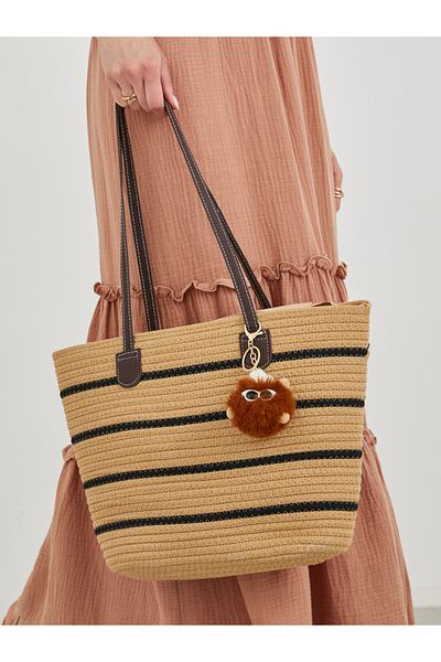 Styli Khaki Striped Tote Bag