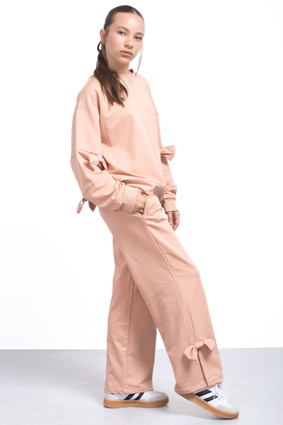 Cansın Mini Μπεζ σχιστό φιόγκο με λεπτομέρεια για κορίτσια 2 τεμαχίων αθλητική φόρμα 21214