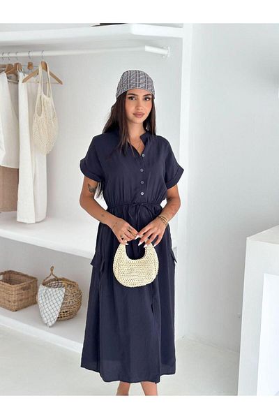 Elaxi Woven Modal, Buttoned, Slit, Belt Detailed Long Dress