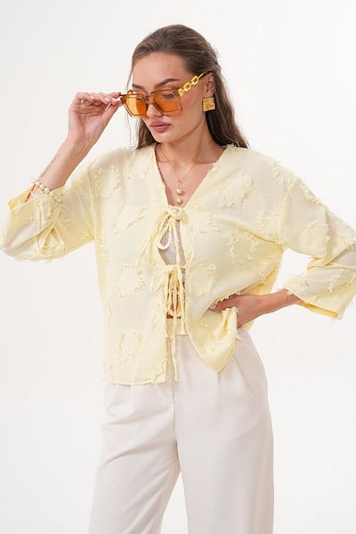 Laressi Jacquard Linen Kimono Shirt with Front Lace-Up