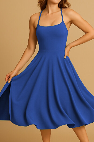 Due Stelle Daire Kesim Çift Yırtmaçlı Çapraz Askılı Midi Tango Elbisesi, Dans Elbisesi