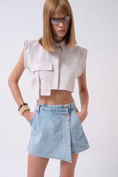 Black Fashion Cămașă gri de in, fără mâneci, cu detaliu de buzunar