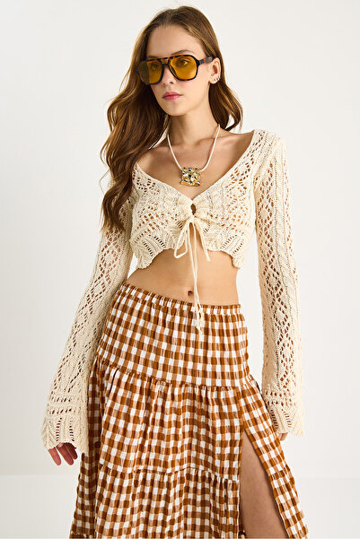 Bianco Lucci Kadın Önü Bağlamalı Ajurlu Triko Bluz 20259805