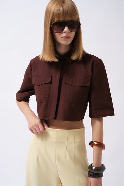Black Fashion Cămașă maro din in, cu jumătate de mânecă, cu detaliu de buzunar