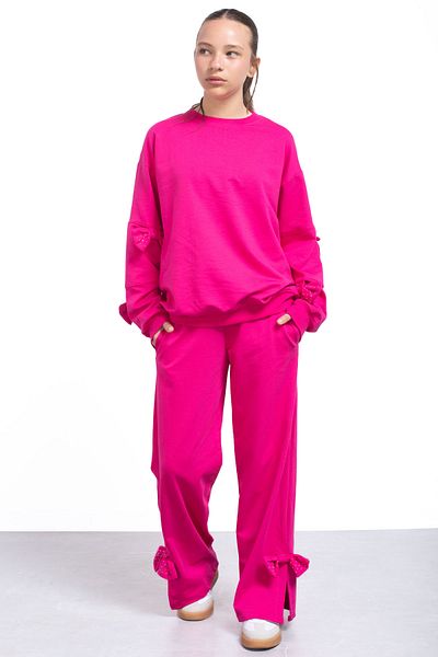 Cansın Mini Fuchsia Slit Leg Bow Detailed Girl's 2-Piece Tracksuit Set 21212
