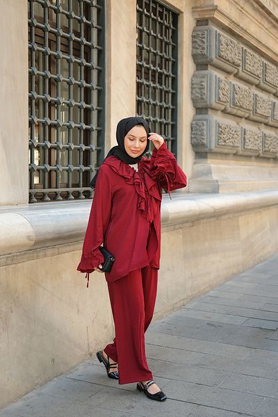 LOCCO Women's Ruffle Detail Double Suit Burgundy