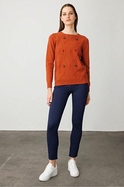 Desen Triko Women's Crew Neck Front Diamond Embroidery Embroidered Sweater Tile