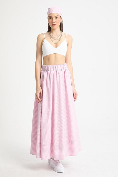minaaise Pink Striped Unlined Poplin Long Skirt with Elastic Waist 29277