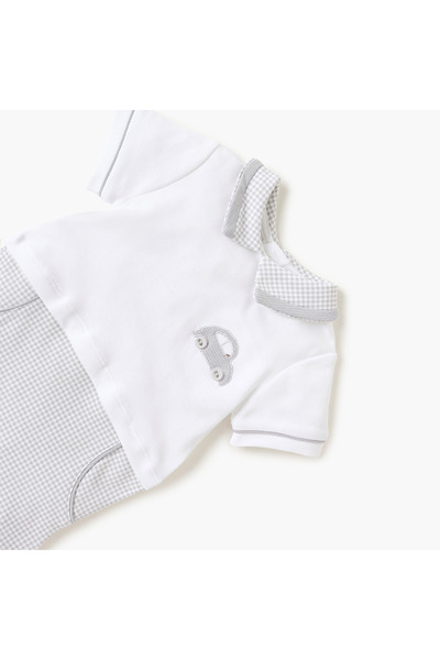giggles Car Embroidered Romper with Collared Neckline and Button Closure