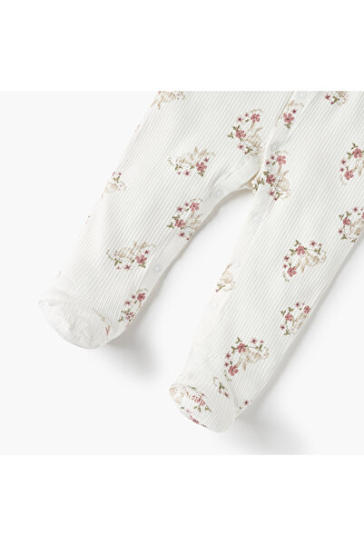 Juniors All-Over Floral Print Closed Feet Sleepsuit with Collar and Long Sleeves