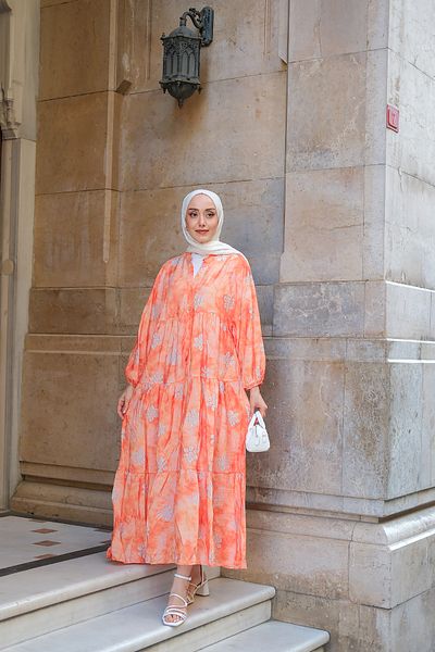 LOCCO Women's Abstract Floral Pattern Dress Orange