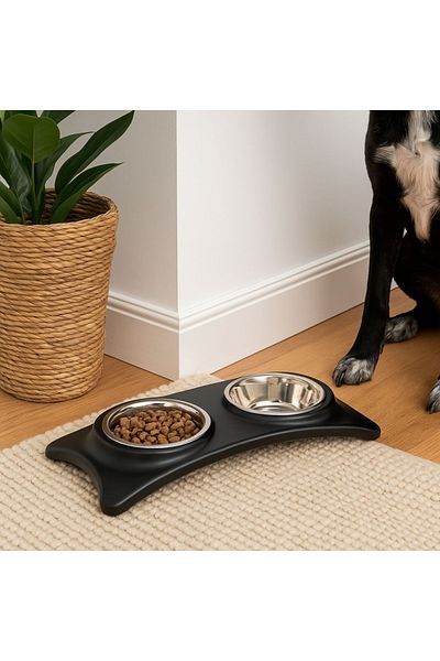 Gift Design Set de boluri pentru hrană și apă pentru animale, 2 boluri din oțel inoxidabil, suport PP, 36x18x5 cm, 240 g
