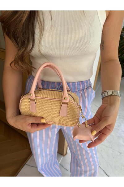 Tina İstanbul Straw Bag with Bag Accessories Pink