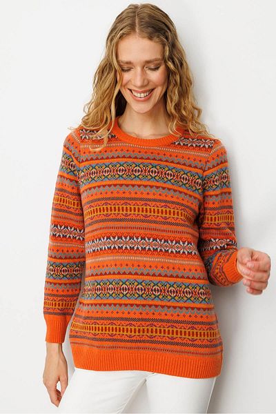 Desen Triko Women's Crew Neck Complete Jacquard Wool Sweater Orange