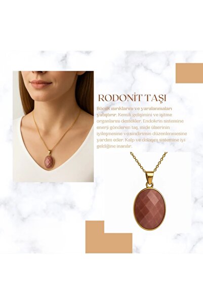 CEZY قلادة بيضاوية من حجر الرودونيت سلسلة 45 سم 8 جرام هدية للجنسين من الحجر ...