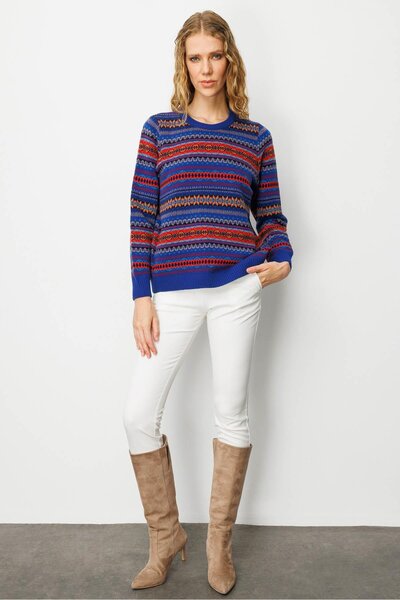 Desen Triko Women's Crew Neck Complete Jacquard Wool Sweater K.S.Blue