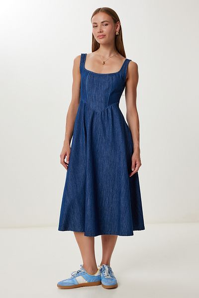 Lovelyİstanbul Thick Strap Midi Denim Dress Lfg0038 Dark Blue