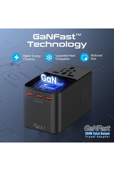 Promate 160W Travel Adapter with 2500W Universal AC Socket, GaNFast™ Technology
