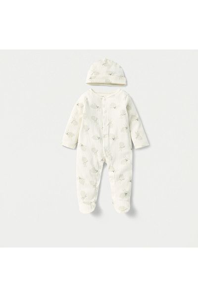 Juniors Bunny Print Ribbed Sleepsuit with Long Sleeves and Button Closure