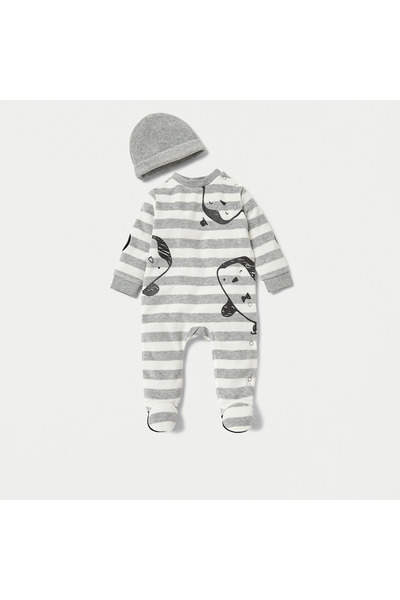 Juniors Striped Closed Feet Sleepsuit with Long Sleeves and Beanie Cap