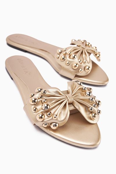 Limoya Dotty Gold Puffy Studded Bow Women's Slippers