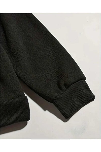 caddekombin Φούτερ με στάμπα ηλίανθου με κουκούλα, μαύρο με μάλλινη επένδυση εσωτερικά