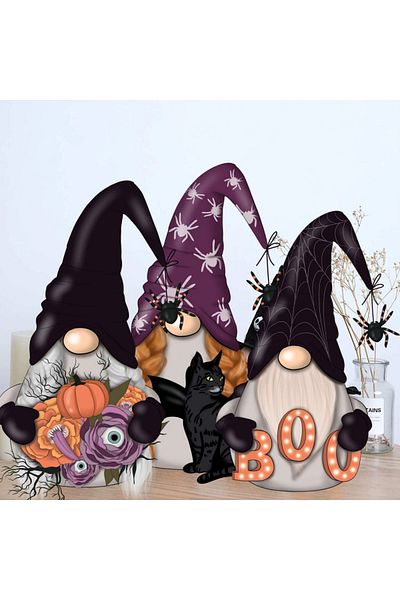 OEM Set 3 decoratiuni pentru Halloween, 28 x 12 x 2 cm, gnomi, lemn, multicolor