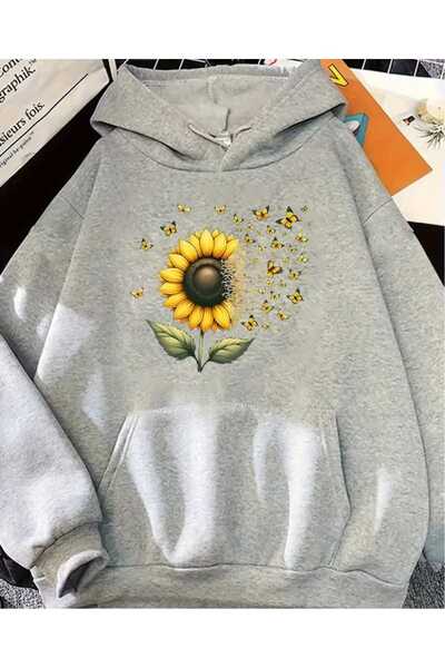 caddekombin Сива суитшърт с качулка, джобове и подплата от вълна, с принт на ...