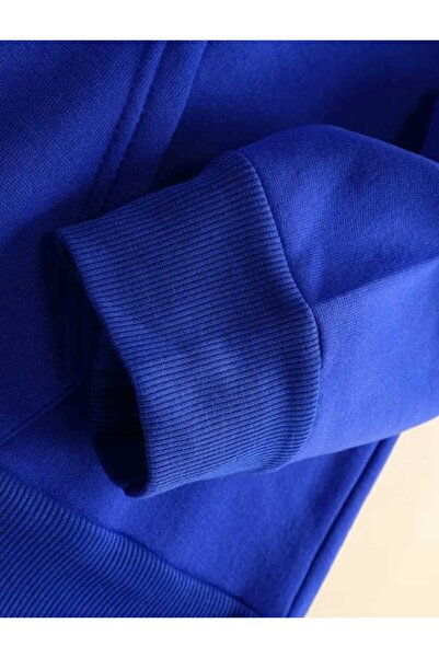 caddekombin Синя американска памучна блуза с качулка и джобове