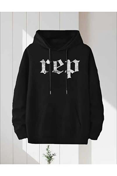 caddekombin Μαύρο φούτερ με κουκούλα Rep Gothic Font με τσέπες και μάλλινη επένδυση