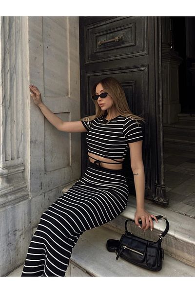 alluria Striped Skirt Suit Black S3609