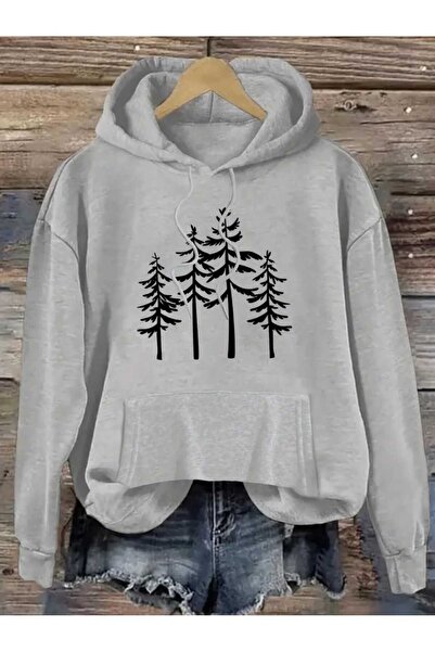 caddekombin Hanorac gri cu glugă, cu imprimeu Four Trees, cu buzunar și inter...