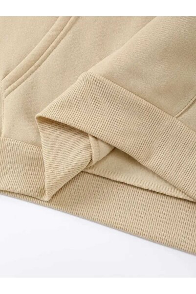 caddekombin Replay Motorcycle Printed Hooded Pocket Cotton Beige Sweatshirt