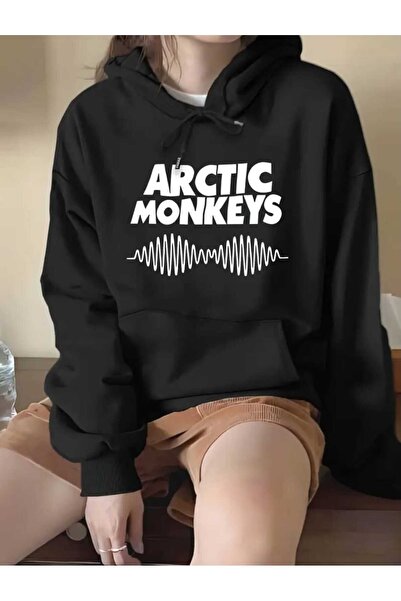 caddekombin Hanorac negru cu glugă cu imprimeu Artric Monkeys, cu buzunar și ...