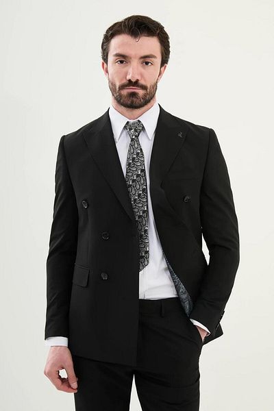 Mcr Straight Slim Fit Wide Collar Double Breasted Men's Suit 45389