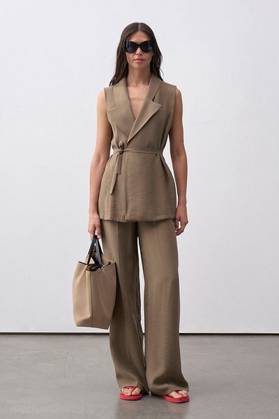 mathilda store Women's Khaki Double Breasted Collar Belted Vest Pants Suit