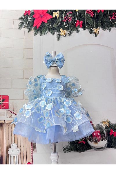 Nissa Blue Floral Patterned Square Collar Girl's Evening Dress