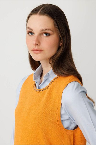 Desen Triko Women's Crew Neck Pocket and Collar Colorful Crochet Cashmere Sweater K.K.