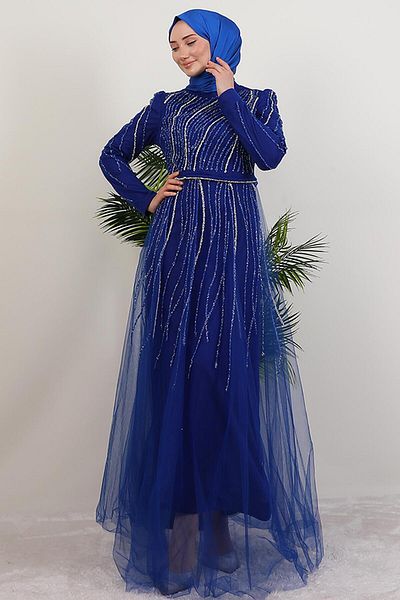 GİYZAMİLA Βραδινό φόρεμα από πέτρινο τούλι Midnight Blue
