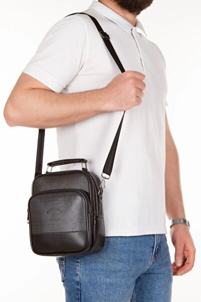 Newish Men's Plaid Gray Leather Daily Shoulder and Hand Bag with Adjustable Cross Shoulder Strap New058