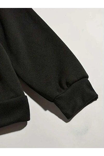 caddekombin Uçak Baskılı Kapüşonlu Cepli Pamuklu Siyah Sweatshirt