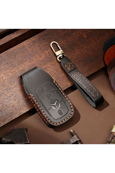 Nabi Market Carcasă cheie din piele premium, neagră, compatibilă cu Mercedes-Benz, cu 3 butoane