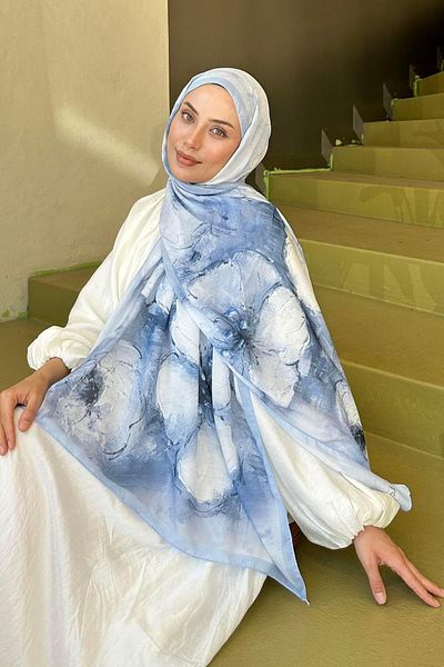 lamelif Bohemian Flower Pattern Soft Shawl Baby Blue