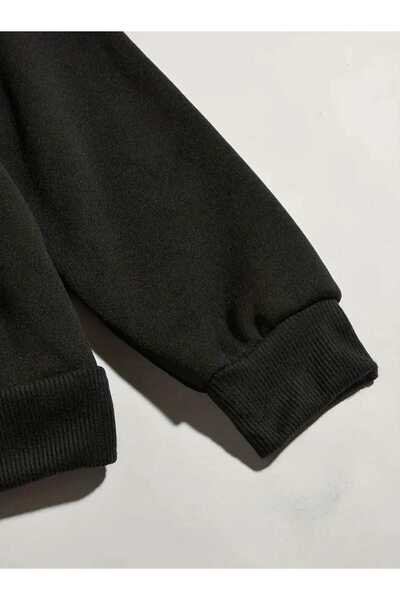 caddekombin Guitar Instrument Printed Hooded Pocket Black Sweatshirt with Wool Inside