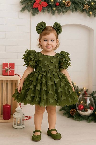 Nissa Green Butterfly Patterned Girl's Children's Dress Evening Dress