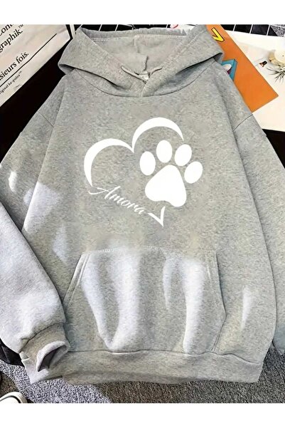 caddekombin Hanorac gri cu glugă, cu imprimeu inimă cu labe, cu buzunare și interior din lână