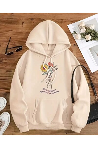 caddekombin Φούτερ με κουκούλα με στάμπα λουλουδιών, με τσέπες και εσωτερικό μάλλινο μπεζ φούτερ