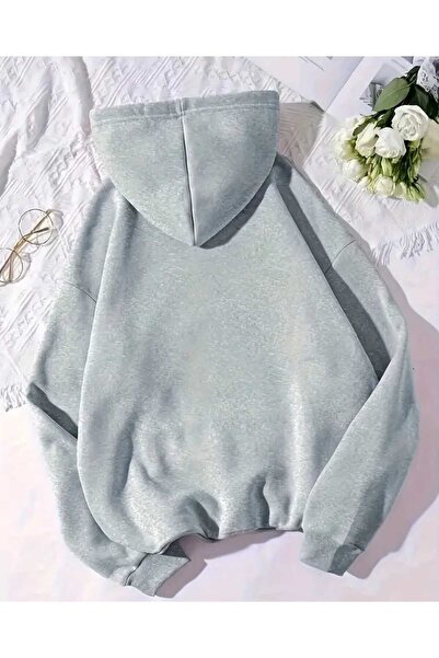 caddekombin Puzzle Heart Printed Hooded Pocket Cotton Gray Sweatshirt