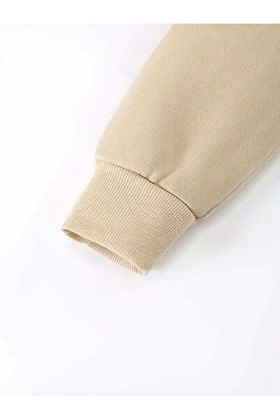 caddekombin Soccer Rythm Printed Hooded Beige Sweatshirt with Pocket and Wool Inside